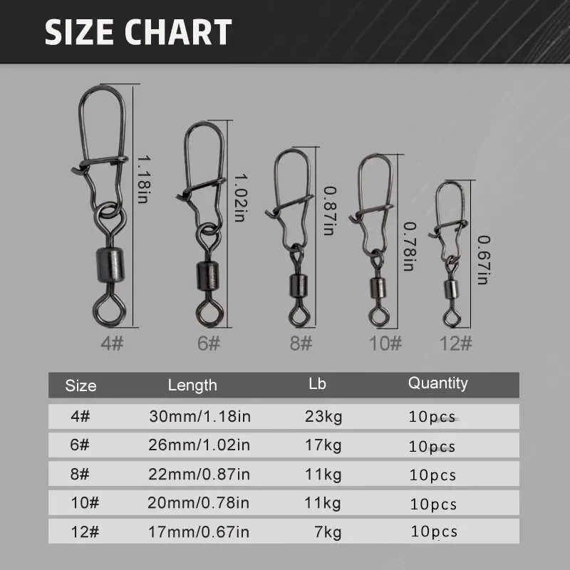 Fishing Connector Pin 50pc/box 4# 6# 8#10#12# Bearing Rolling Swivel with Snap Fishhook Lure Accessories