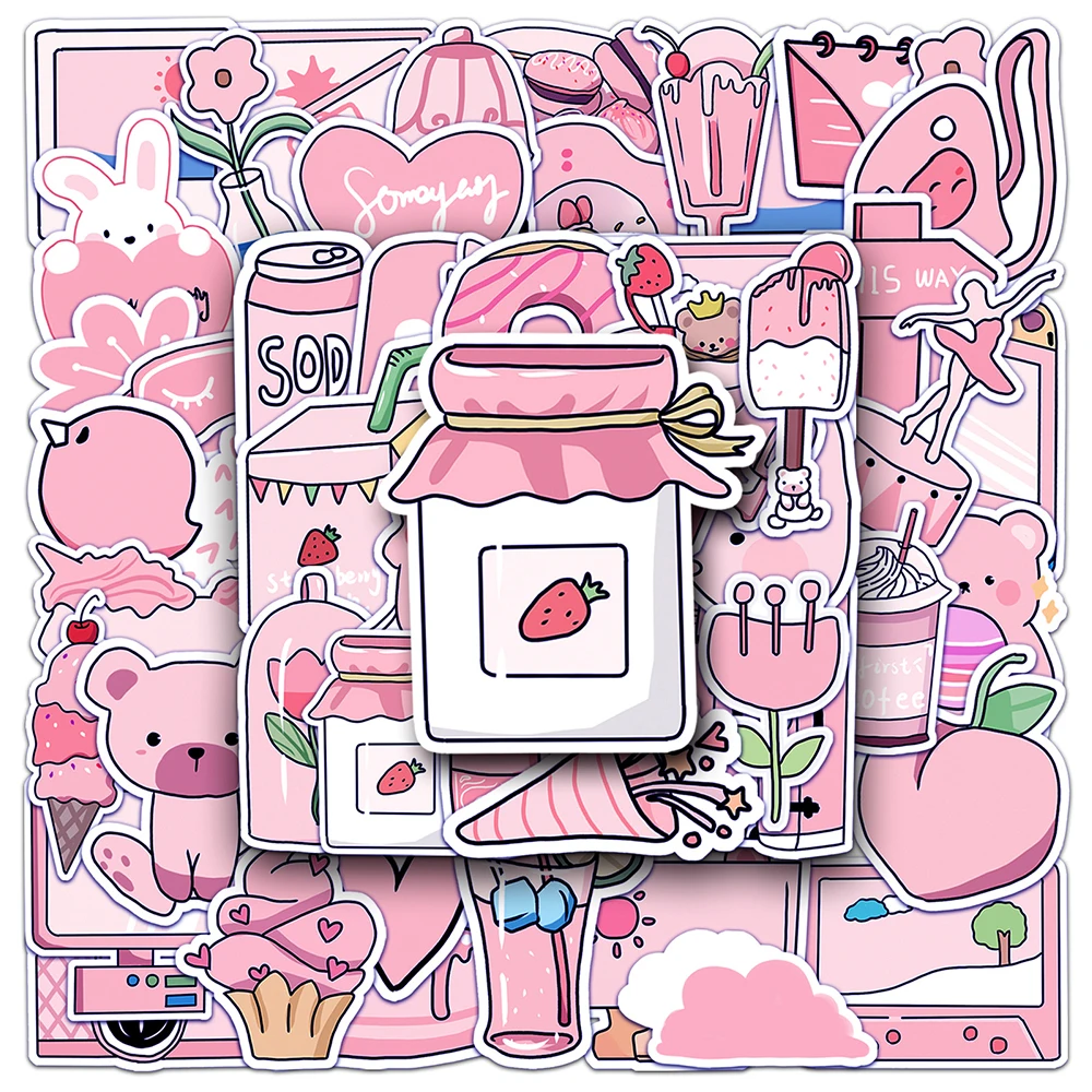 10/30/50pcs INS Style Pink Cartoon Stickers Aesthetic Kawaii Girls Decals Scrapbooking Diary Stationery Decoration Sticker Toys 46 pcs kawaii cartoon stick labels stickers aesthetic scrapbooking diary album stationery sticker for journal notebook