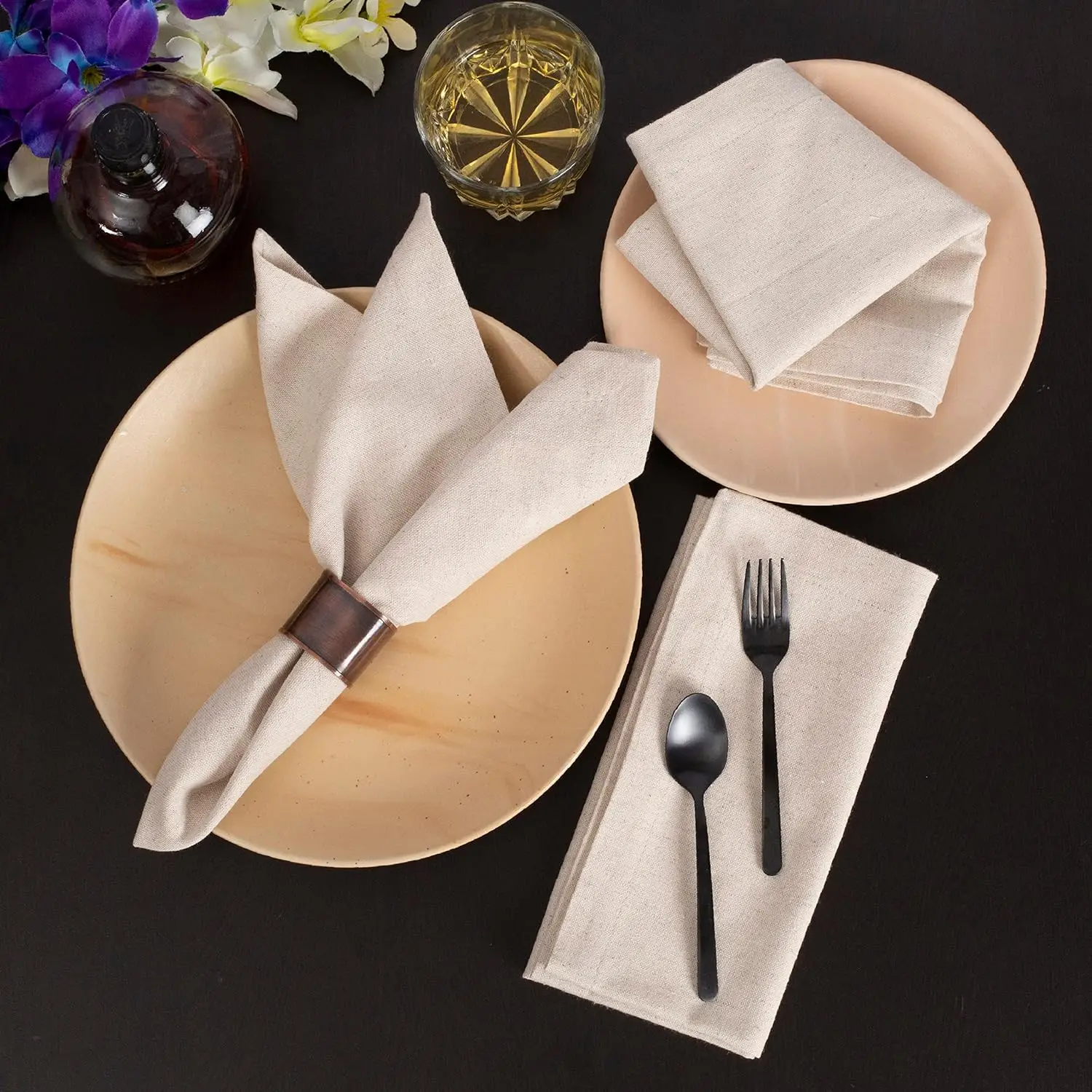 Linen Flax Cotton Dinner Napkins - Set of 12 Natural Fabric Wedding Napkins with Mitered Corners