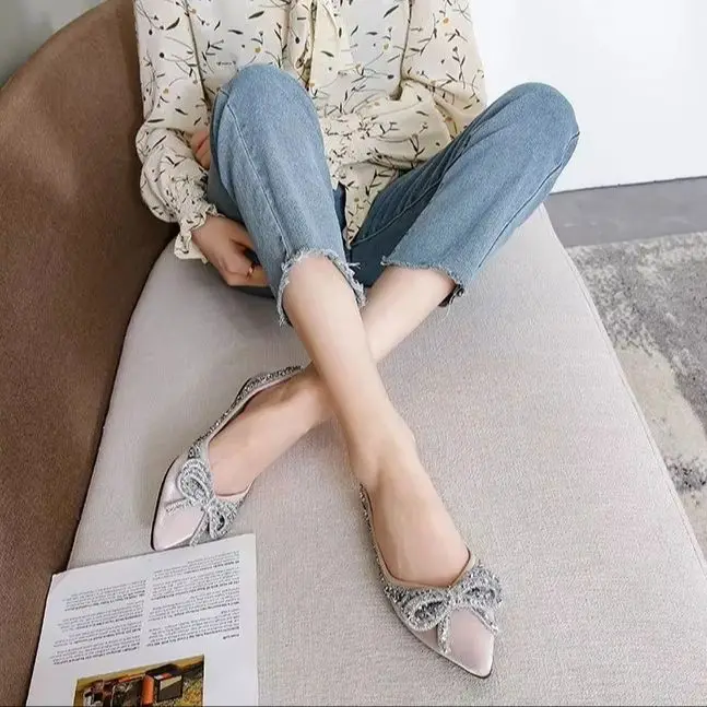 Woman Fashion Bow Rhinestone Flat Single Shoes Apricot Pointed Shallow Mouth Single Shoes 2025 Spring Ladies Diamond Single Shoe 2