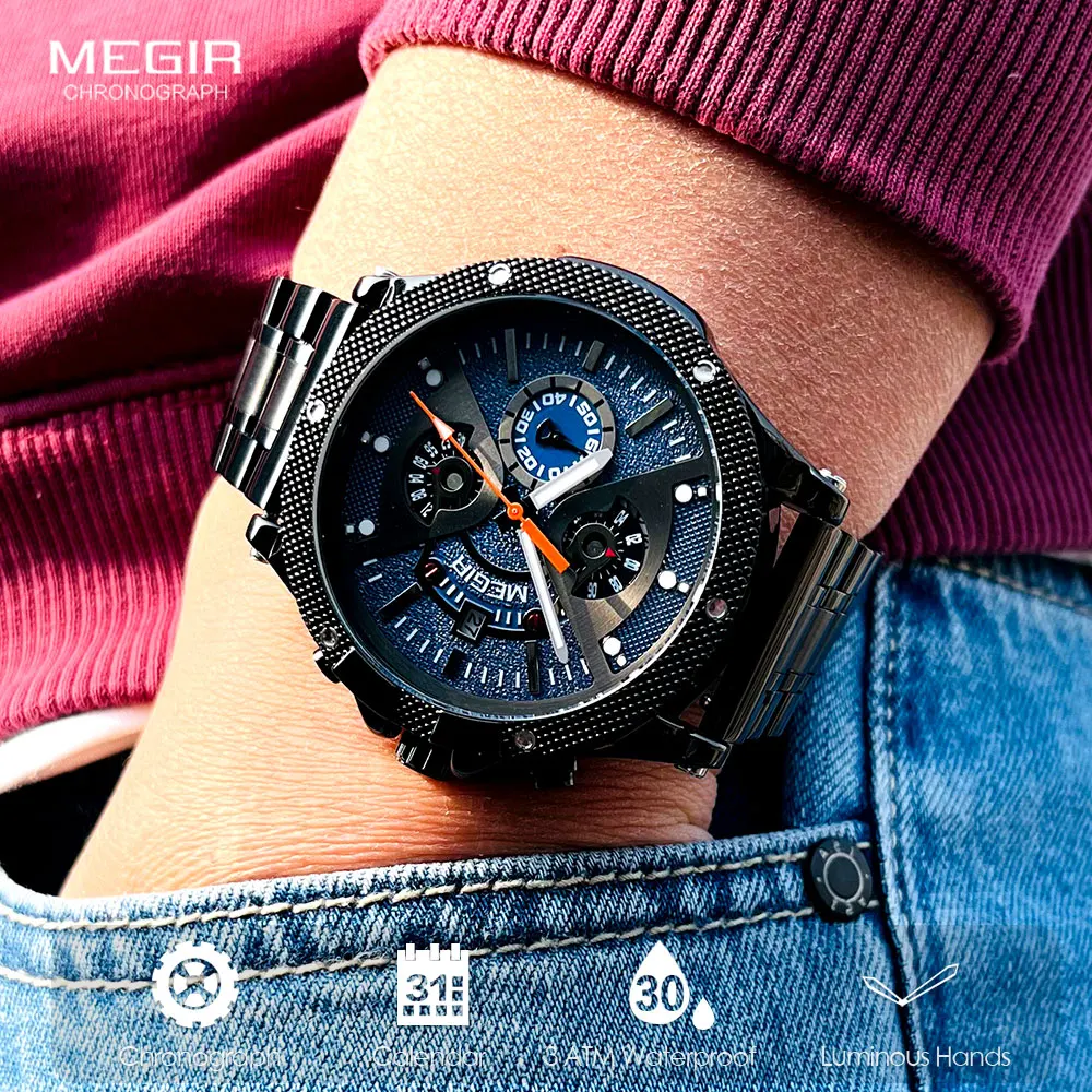 Megir-relógio de Pulso em Masculino com Data Cronógrafo Ponteiros Luminosos Banda Sobressalente Livre Quartzo Analógico Preto Fashion 2216 Aço Inoxidável - Image 6
