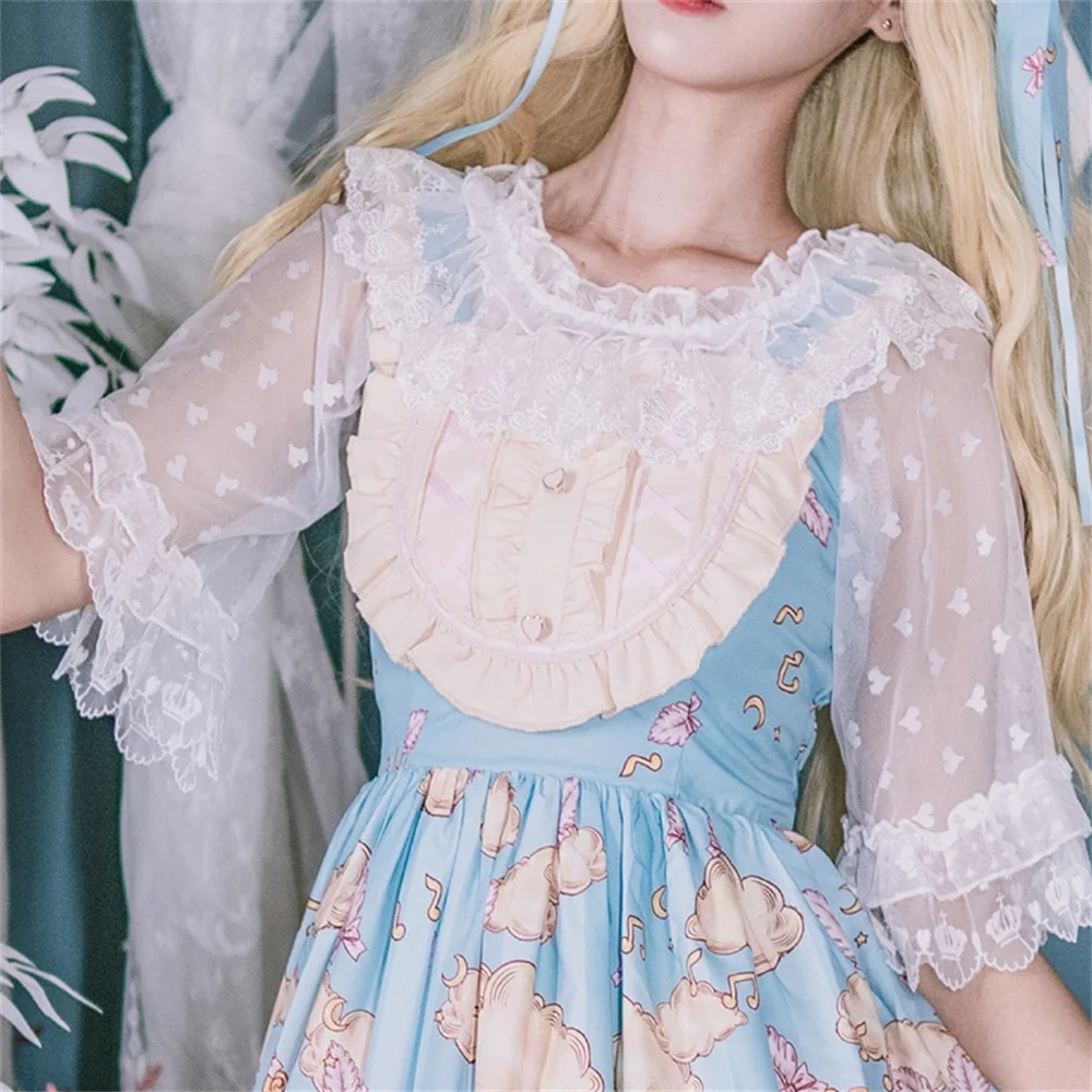 Summer Girls Black White Lace Yarn Round Neck Large Size 4xl Lolita Top Plump Woman Ultra-thin Trumpet Sleeve Cosplay Lolita Op