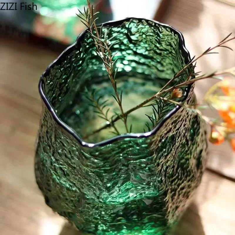 Green Wrinkle Glass Vase Artificial Flowers Decorative Flower Arrangement Desk Decoration Transparent Hydroponics Floral Vases 3