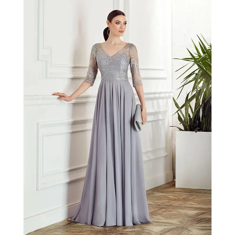 

Elegant Silver Grey Chiffon Mother Of The Bride Dresses A-Line V Neck Appliqued Half-Sleeve Floor-Length Wedding Guest Dress