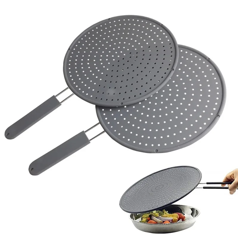Silicone Kitchen Splatter Screen with Handle Heat-resisting Oil Splash Guard Drain Board Cover Kitchen Frying Pan Lids