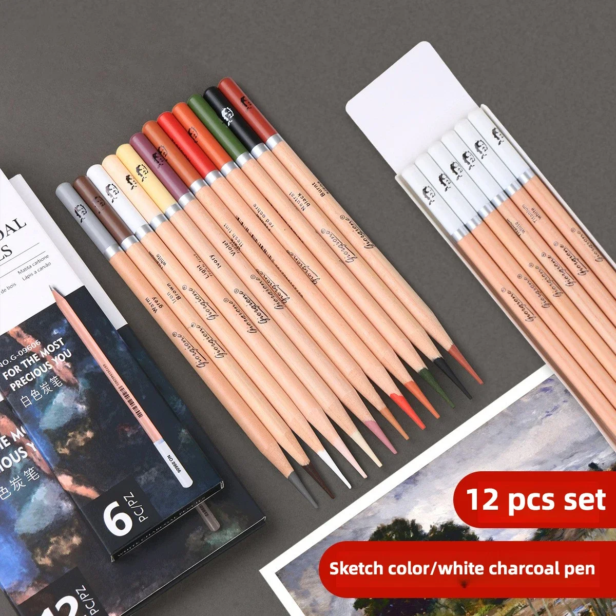 Charcoal Pencils 6 Pcs White 12pcs Color Set Sketching Art Students Log Matte Finish For Drawing Sketching and Shading