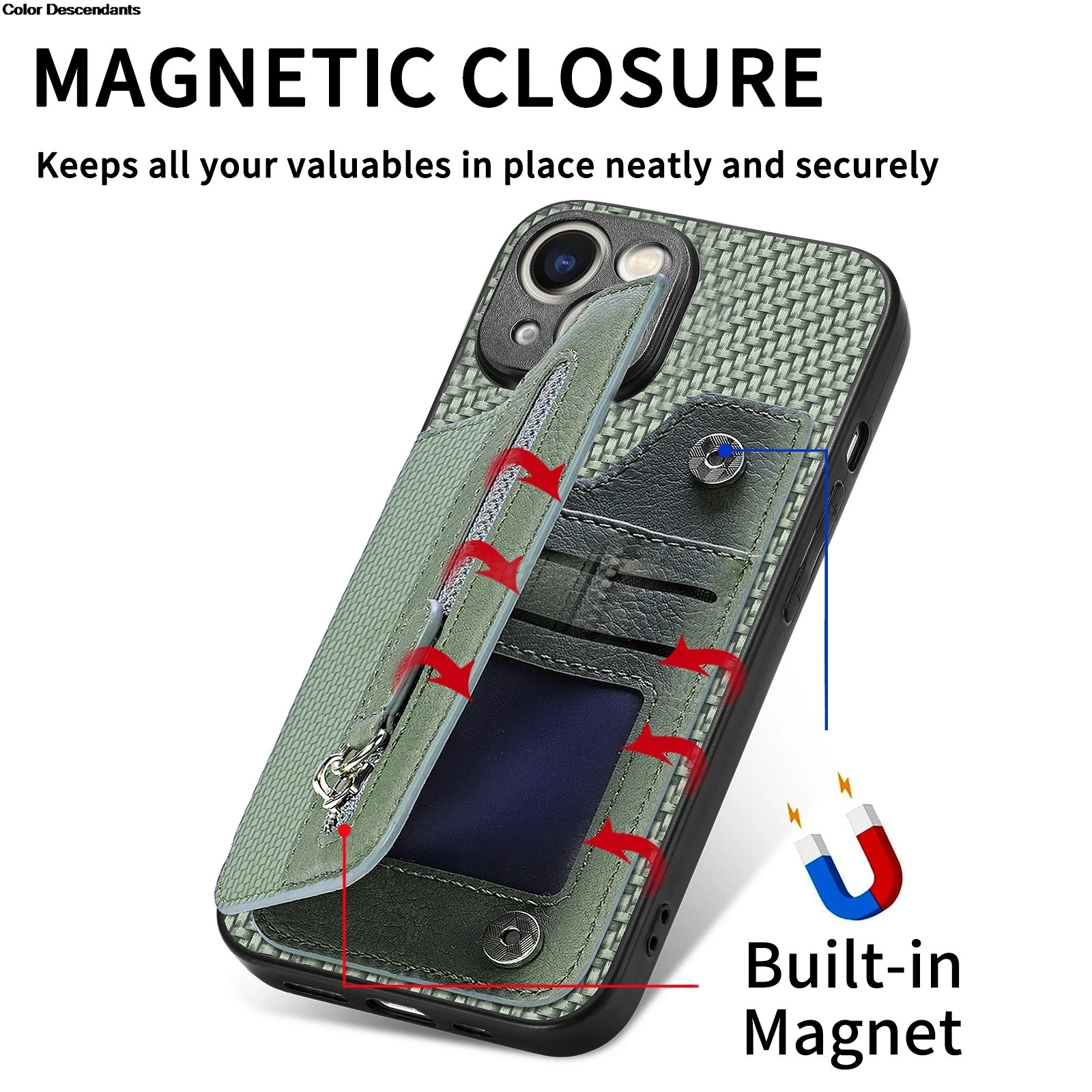 Leather Zipper Wallet Case with Magnetic Card Slots and Flip Cover