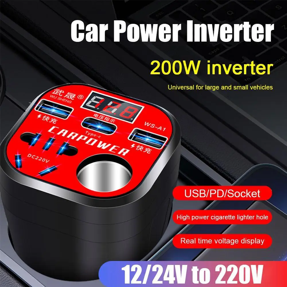 

Car Mounted Cup Type Inverter Converter QC3.0 Charger Led Display 3 USB Ports + Cigarette Lighter Transformer For Car Accessory