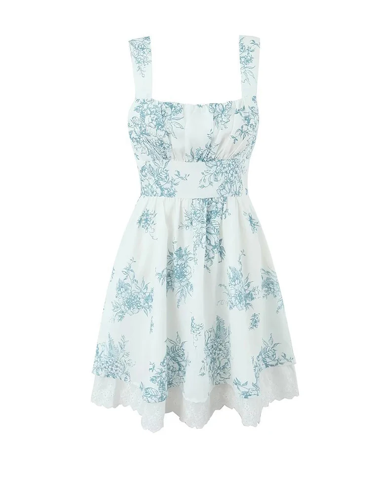 

Summer Floral Print Lace Hem Dress Women Tank Sleeveless A-line Mini Dresses