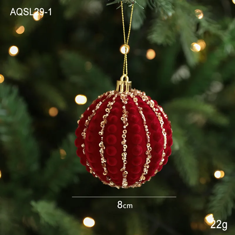 8cm Burgundy Flocked Christmas Tree Ball Xmas Tree Hanging Ornaments Sticky Sequin Velvet Balls Pendant Home Party Decorations