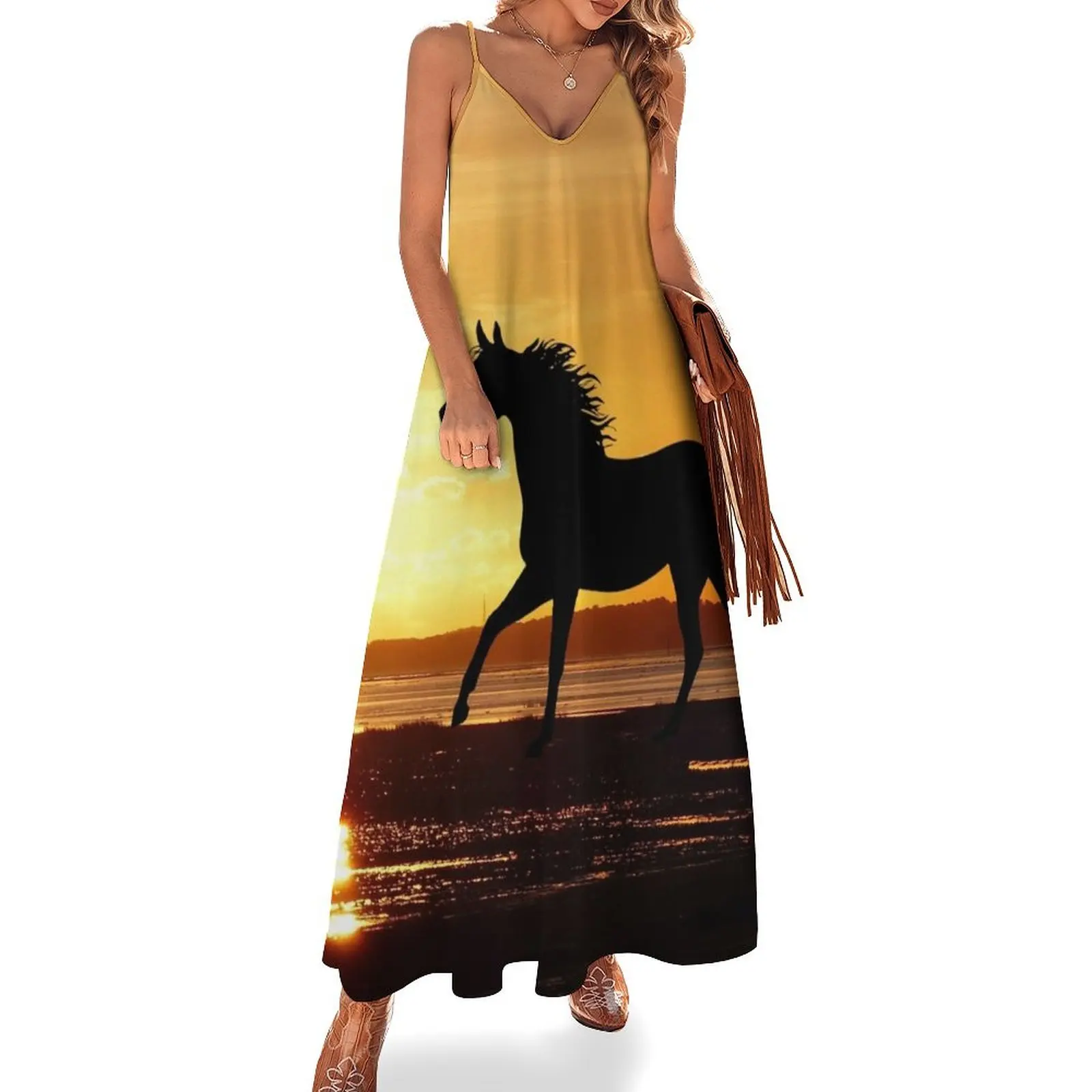 

Beautiful sunset horses on the summer sand beach Sleeveless Dress long dress women Female clothing