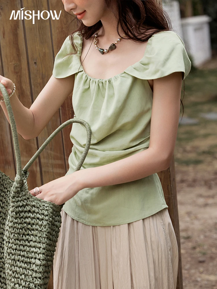 MISHOW Solid Short Flying Sleeve Blouse Round Neck Hollow Lace MXE33X1778