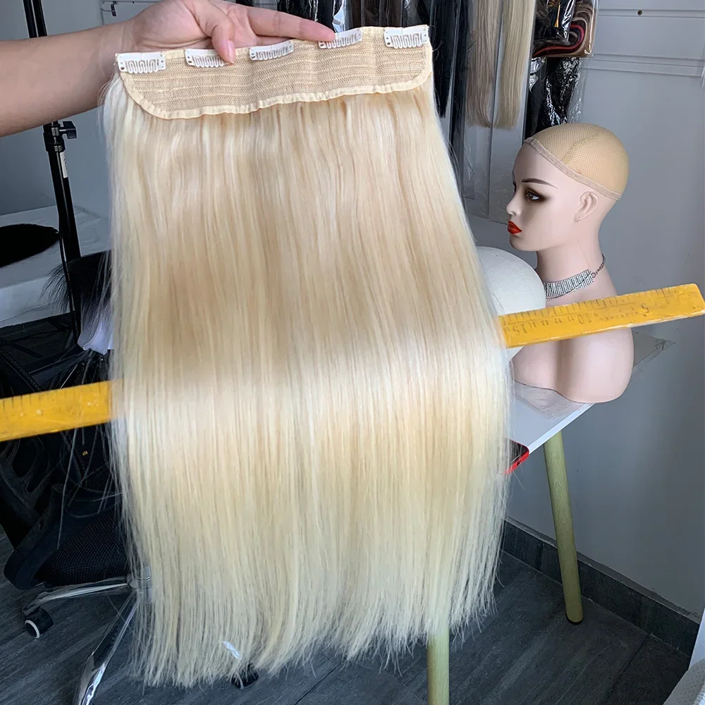 Blonde Clip In One Piece Human Hair Extensions 100% Remy Human Hair Weft Clip In Natural Brown Silk Straight Hairpiece For Women