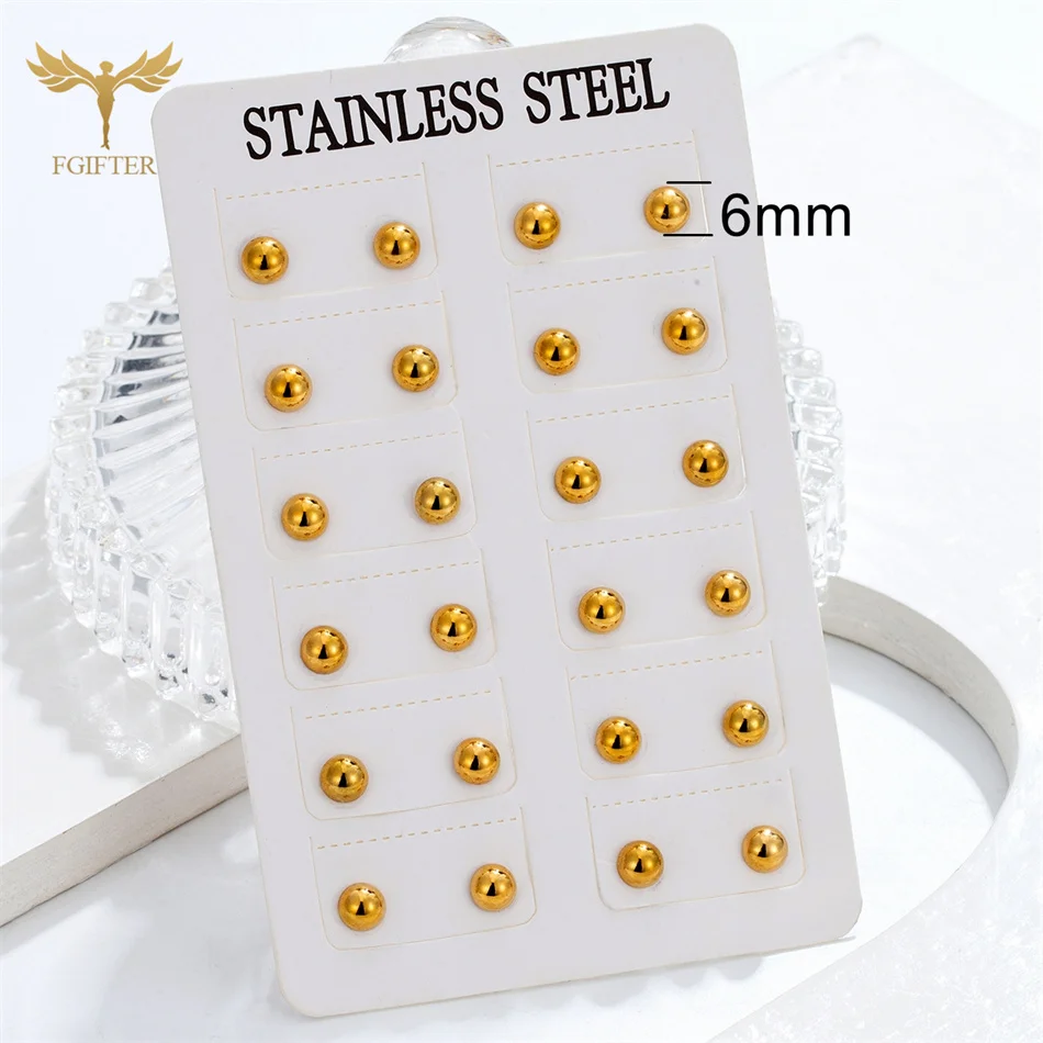 12 Pairs Pack Minimalist Half Ball Earrings for Women Men Teen Golden Stainless Steel Ear Stud Set Waterproof Jewelry Wholesale 5