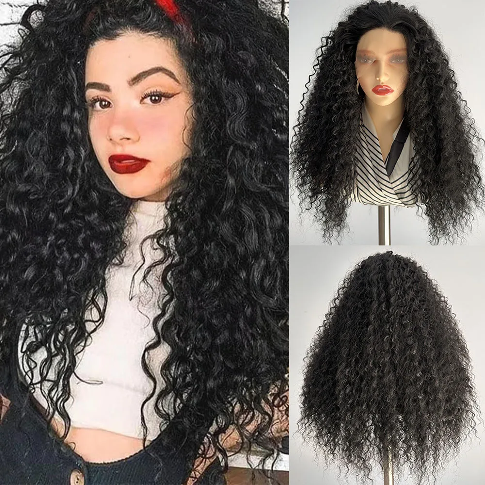 

RONGDUOYI Kinky Curl Black Hair Synthetic Lace Wig Natural Fringe Glueless Transparent Curl Wig for Black Women Daily Party Use