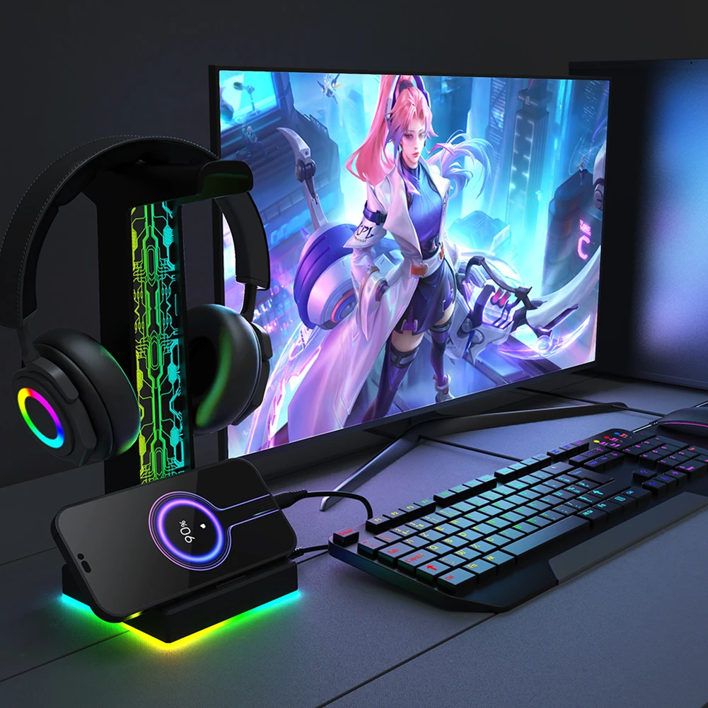 Support casque, support casque blanc RGB avec 3 ports USB Hub Gamer Headset  Stand avec son surround rétroéclairé Zh52