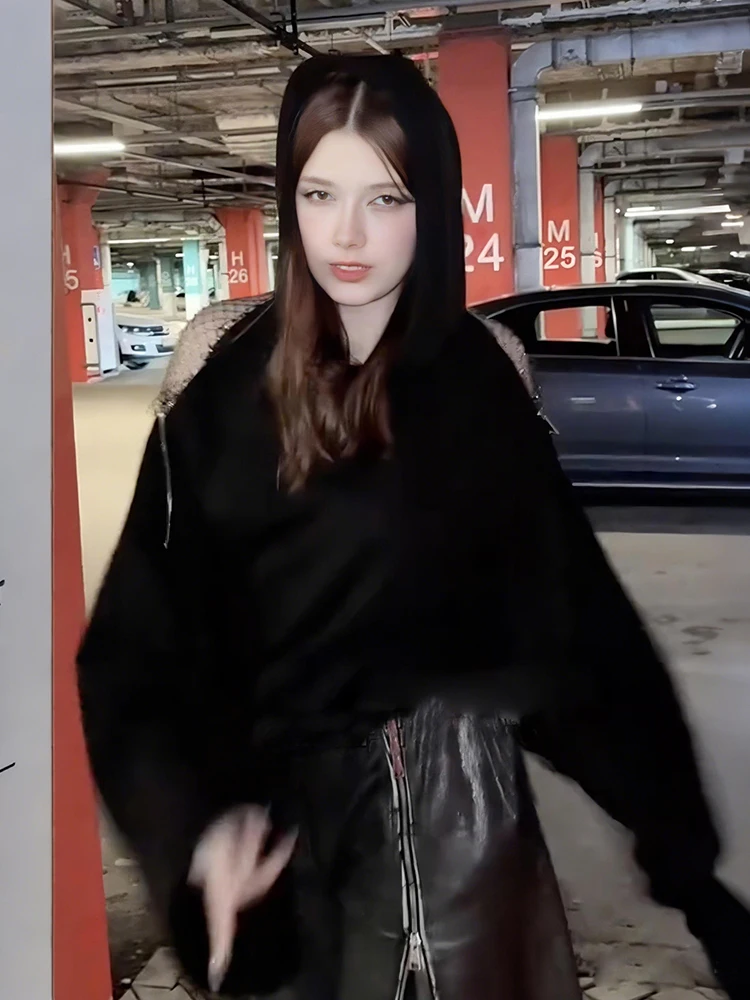 Nibber Backless Hooded Pullover Woman Zip Mesh Patchwork Design Full Sleeve High Street Casual Fashion Simple Style Classic Tops