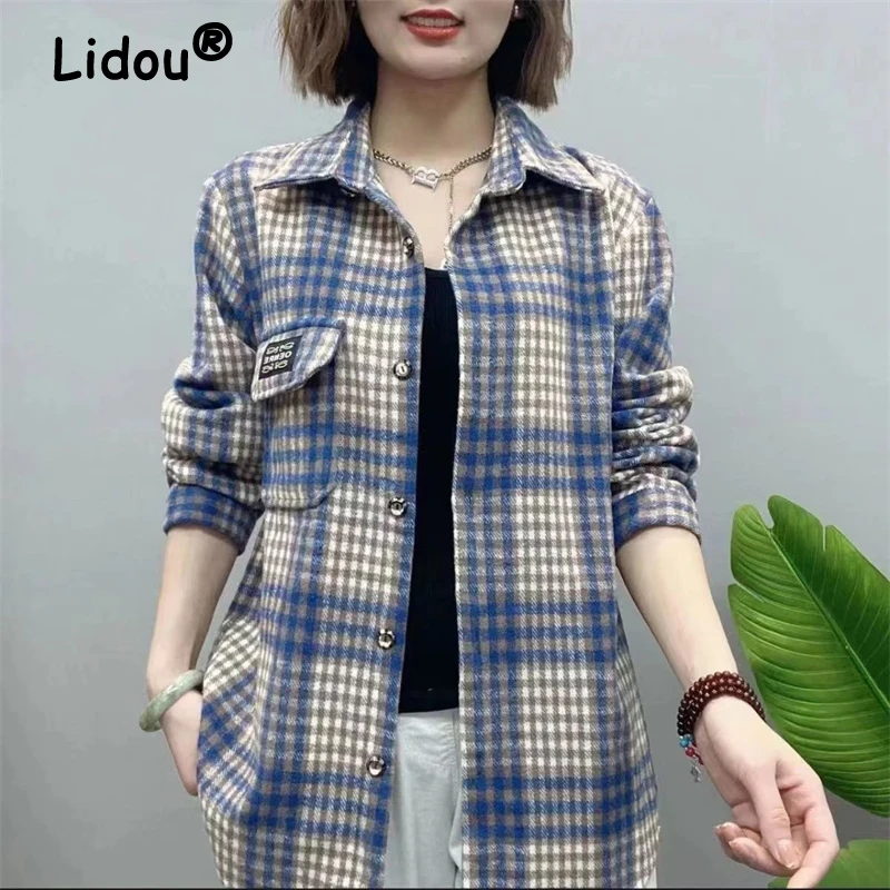 Women Vintage Classic Plaid Streetwear Oversized Single Breasted Shirt Jacket Y2K Autumn Winter Trendy Long Sleeve Thick Blouses