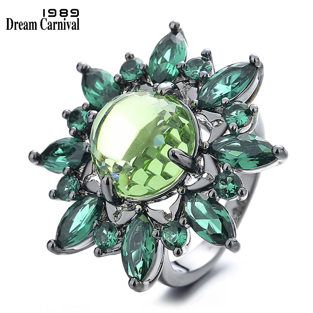 New Shiny Green Zircon Big Party Ring Women Sun Flower Look Wedding Jewellery Black Plated Valentine Gift Drop Ship WA12060GR