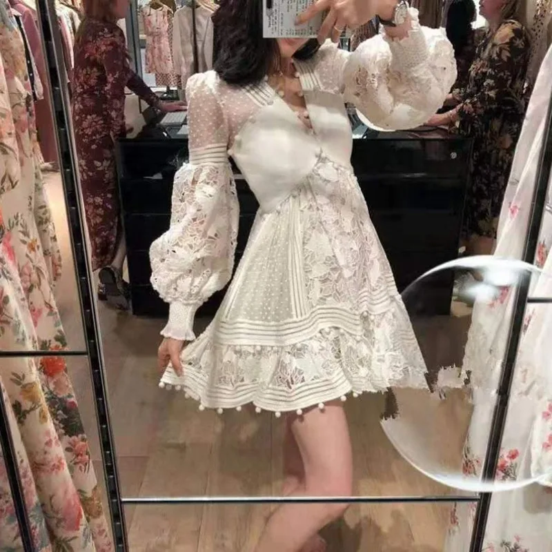 

2024 Autumn Elegant Women's New Long Sleeve V-neck Hollow Lace Dress Midi Dress Lace