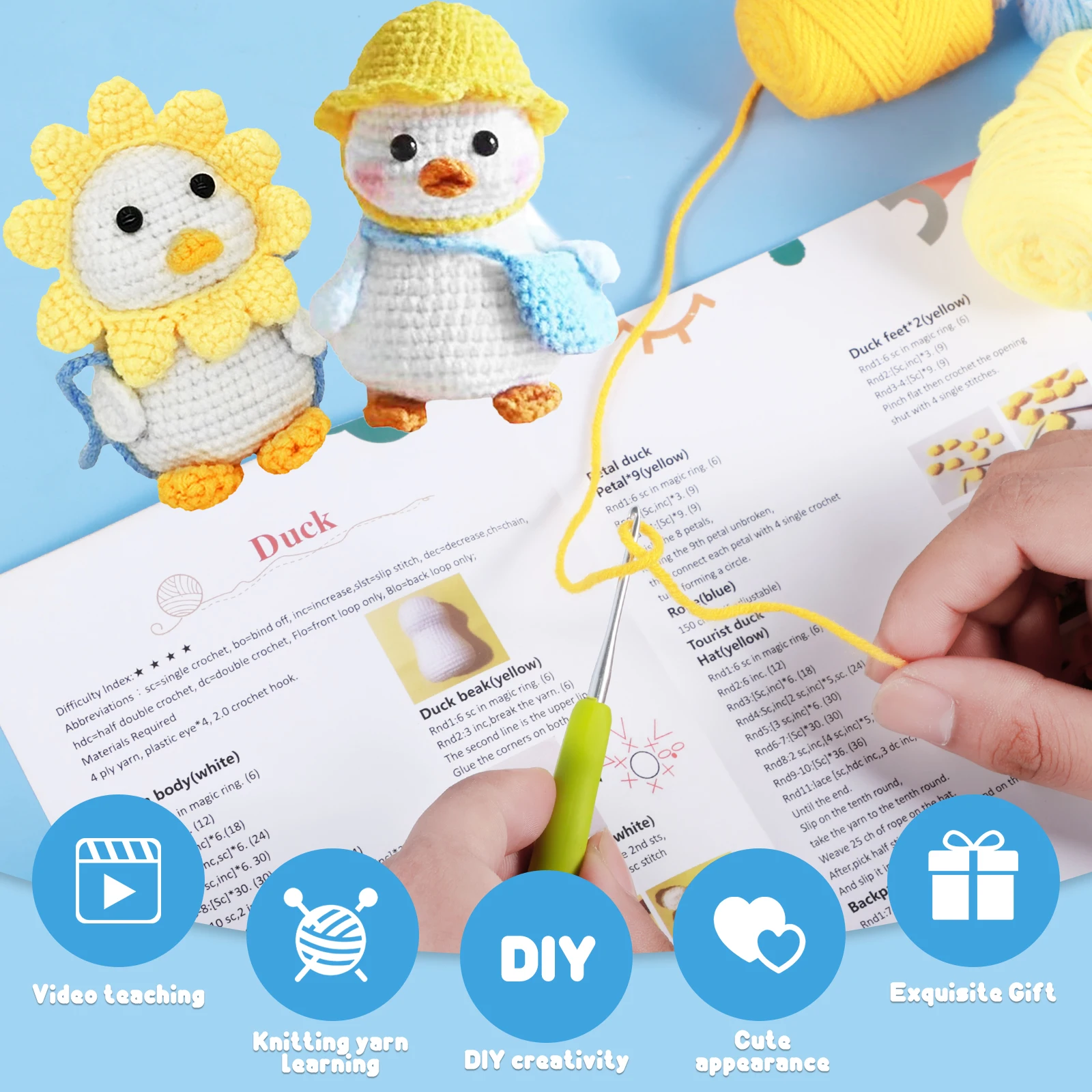 Crochet Kit Beginners Animal Crochet Knitting Cotton Knitting Yarn Thread Needles Hook Knit Tool Set DIY Craft Keychain Pendant