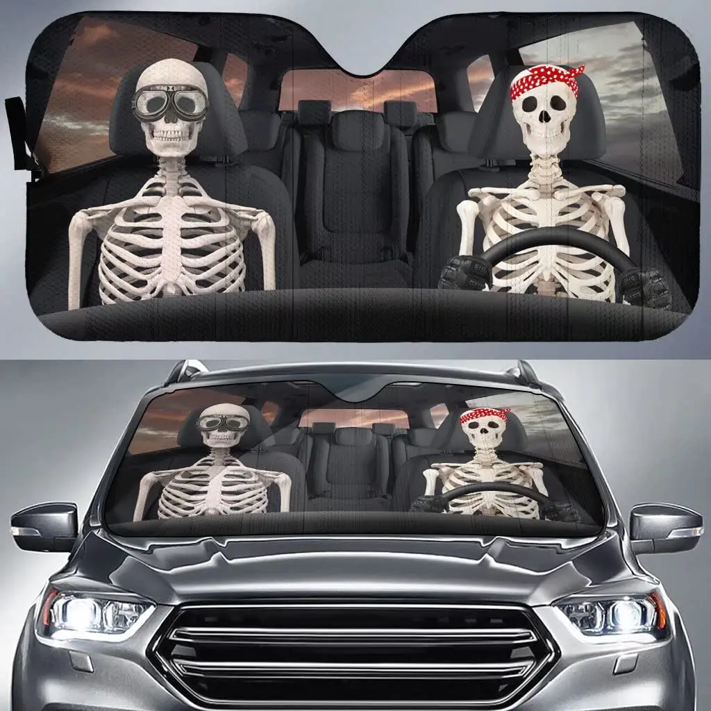 

Skull Human Driver Car Sunshade Windshield Couple Skeleton Foldable Auto Halloween SUV Truck Car Sun Sun Visor Horror Windows