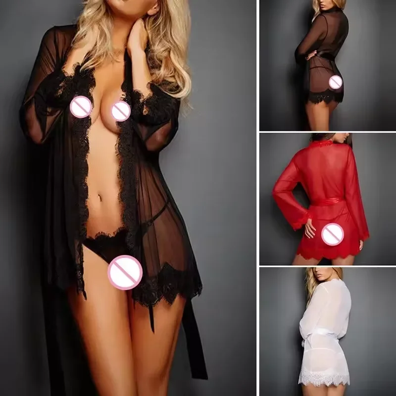Sexy Sleepwear Women Sexy Sheer Perspective Lingerie Set Lace Robe Nightdress Underwear G-String Nightgown Dress Sexy Clothes - 3