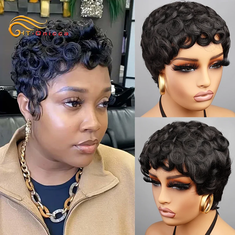 Pixie Cut Wigs Human Hair Wigs Short Curly Pixie Cut For Black Women Full Machine Made Wig Curly Black 1B Color