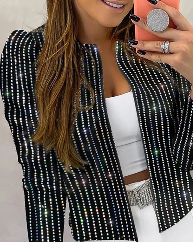 Women's Fashion Jacket 2023 New Autumn Contrast Sequin Studded Striped Performance Stage Style Jacket Long Sleeve Sweet Coat