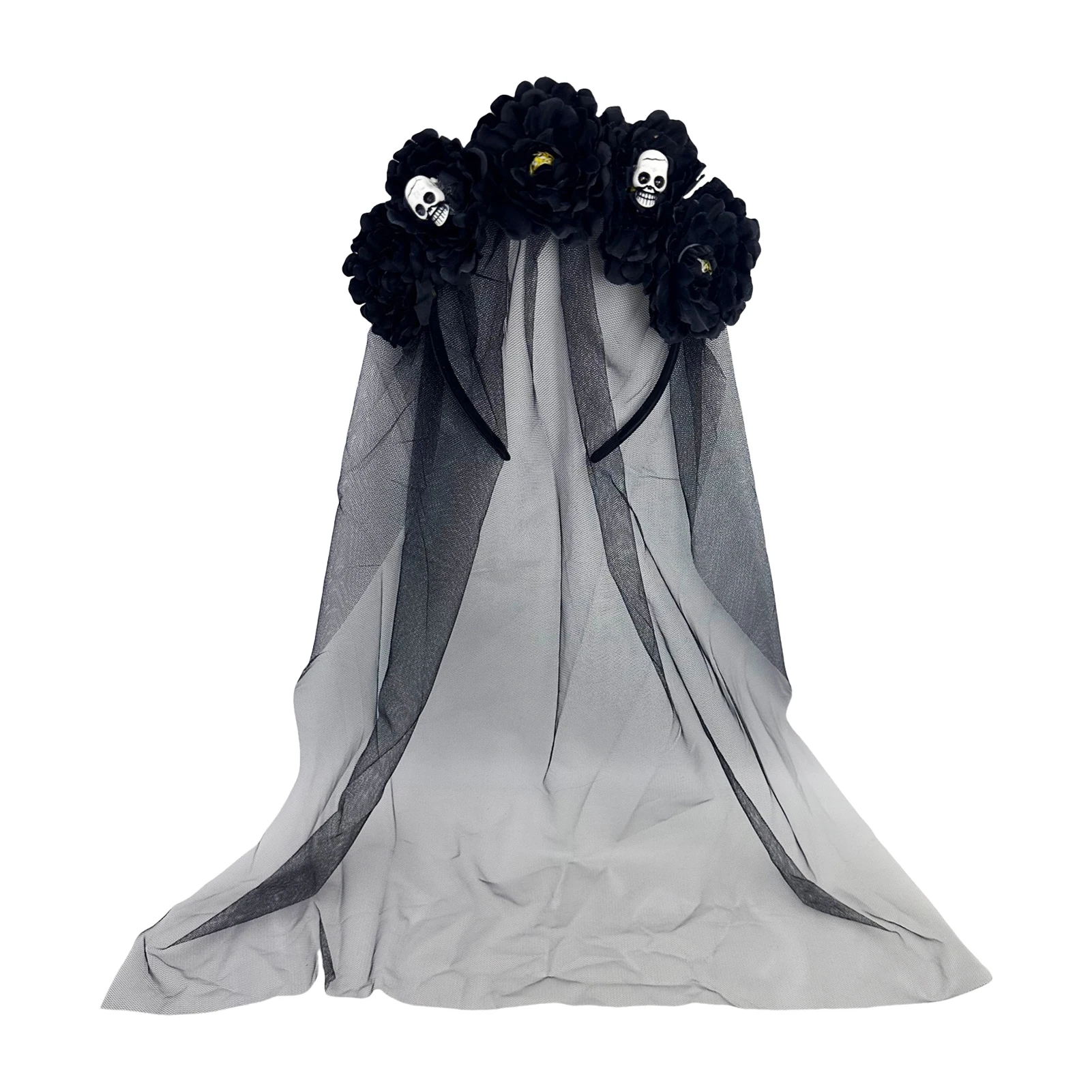 Halloween Langes Band Schleier Blumen Haarband Mädchen Tag der Toten Rote Rose Blumen Kopfschmuck Party Cosplay Gothic Kopf Hoop