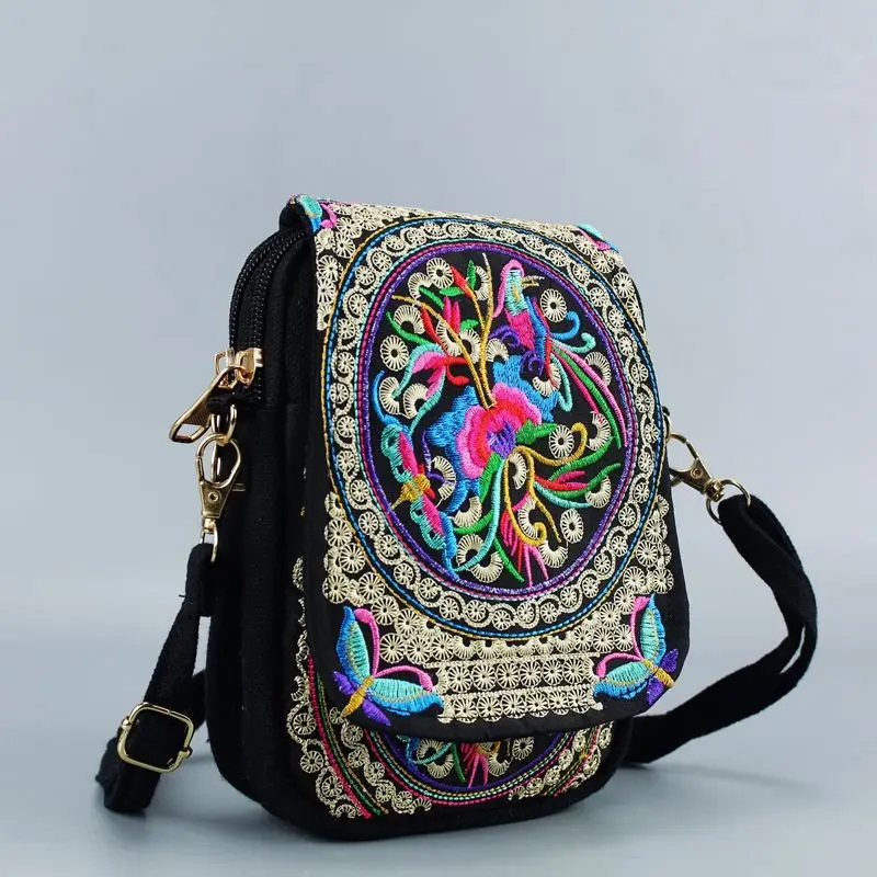 Women Shoulder Bag Vintage Floral Embroidered Crossbody Zip Bag Embroidered Mobile Phone Travel Pouch