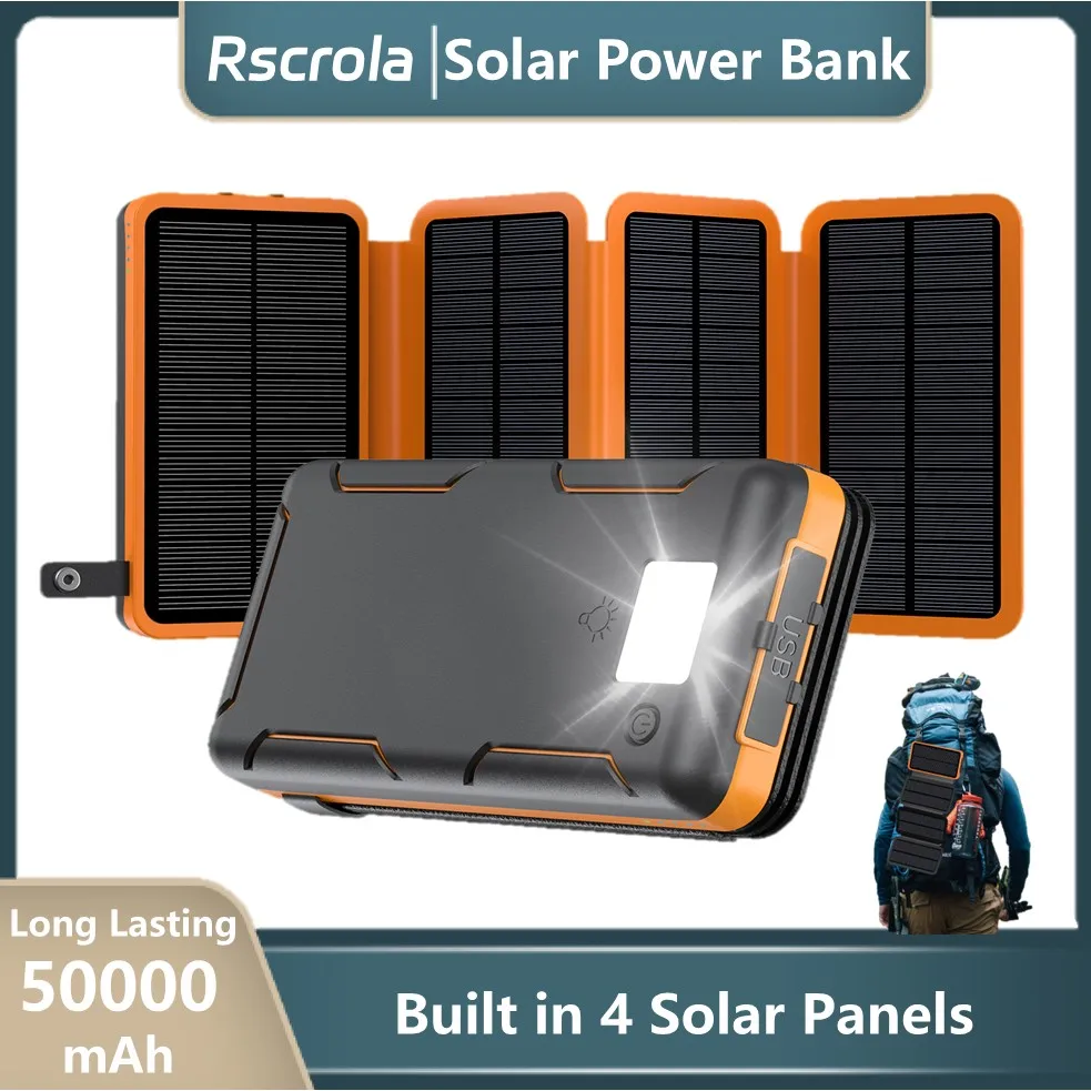 4개의 태양광 패널이 있는 파워 뱅크, 50000mAh 휴대용 태양광 외장 배터리, IOS 안드로이드 USB-A USB-C 호환 태양광 파워 뱅크