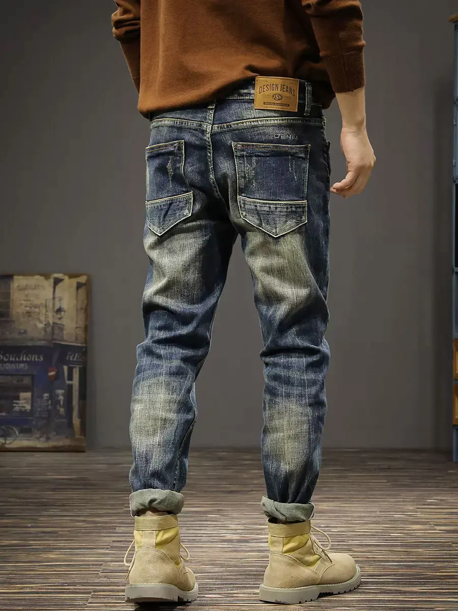 Fashion Designer Men Jeans Retro Black Blue Stretch Elastic Slim Fit Ripped Jeans Men Trousers Embroidery Vintage Pants Hombre