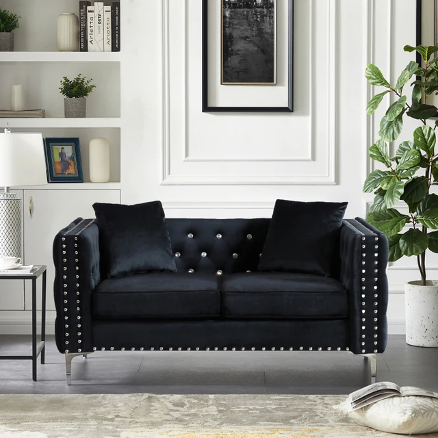 59.4 Inch Wide Black Velvet Sofa with Jeweled buttons Square Arm