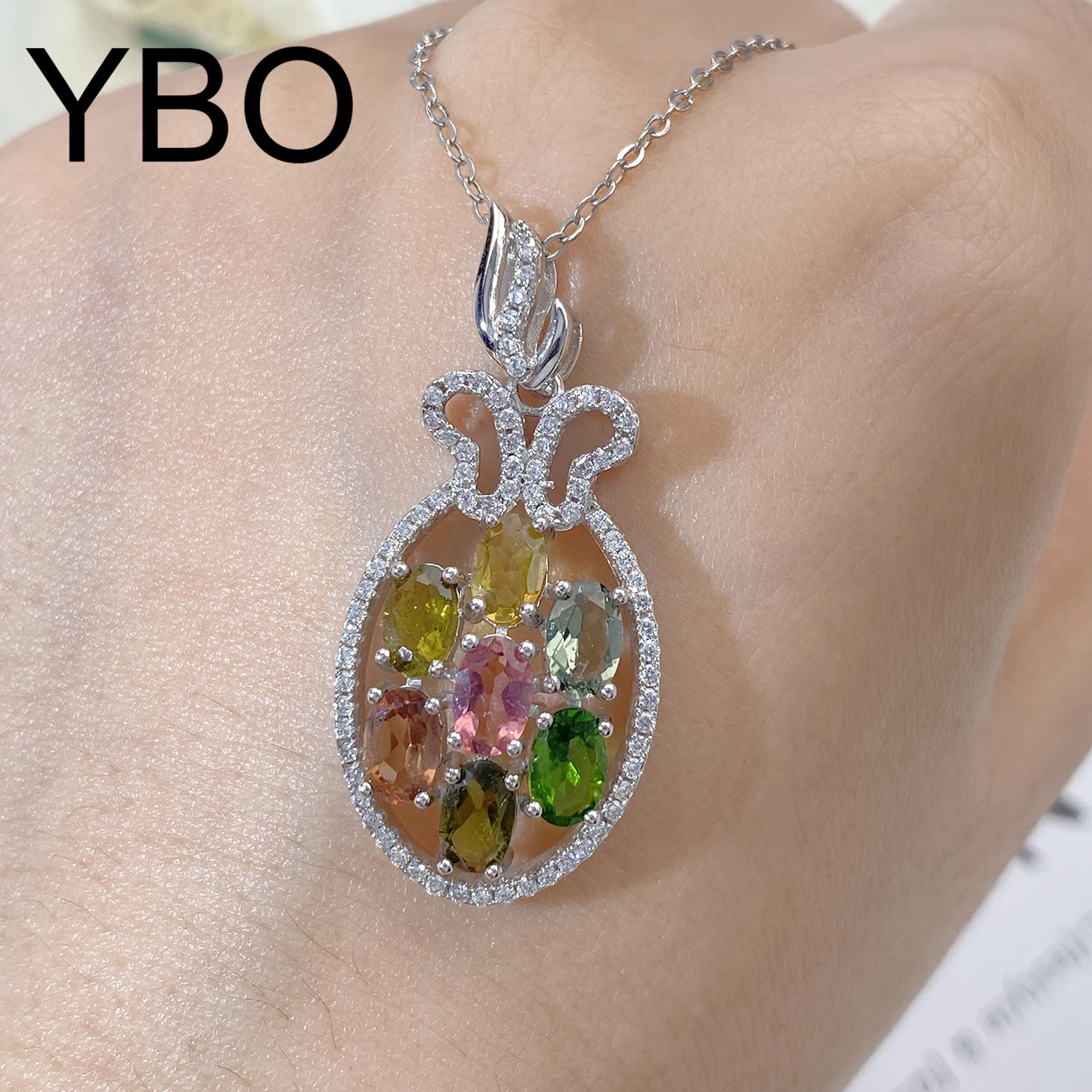 

YBO Fine Jewelry Natural Color Tourmaline cz Geometric Pendants Real S925 Silver Necklaces Clavicle Chains For Party Dating Gift