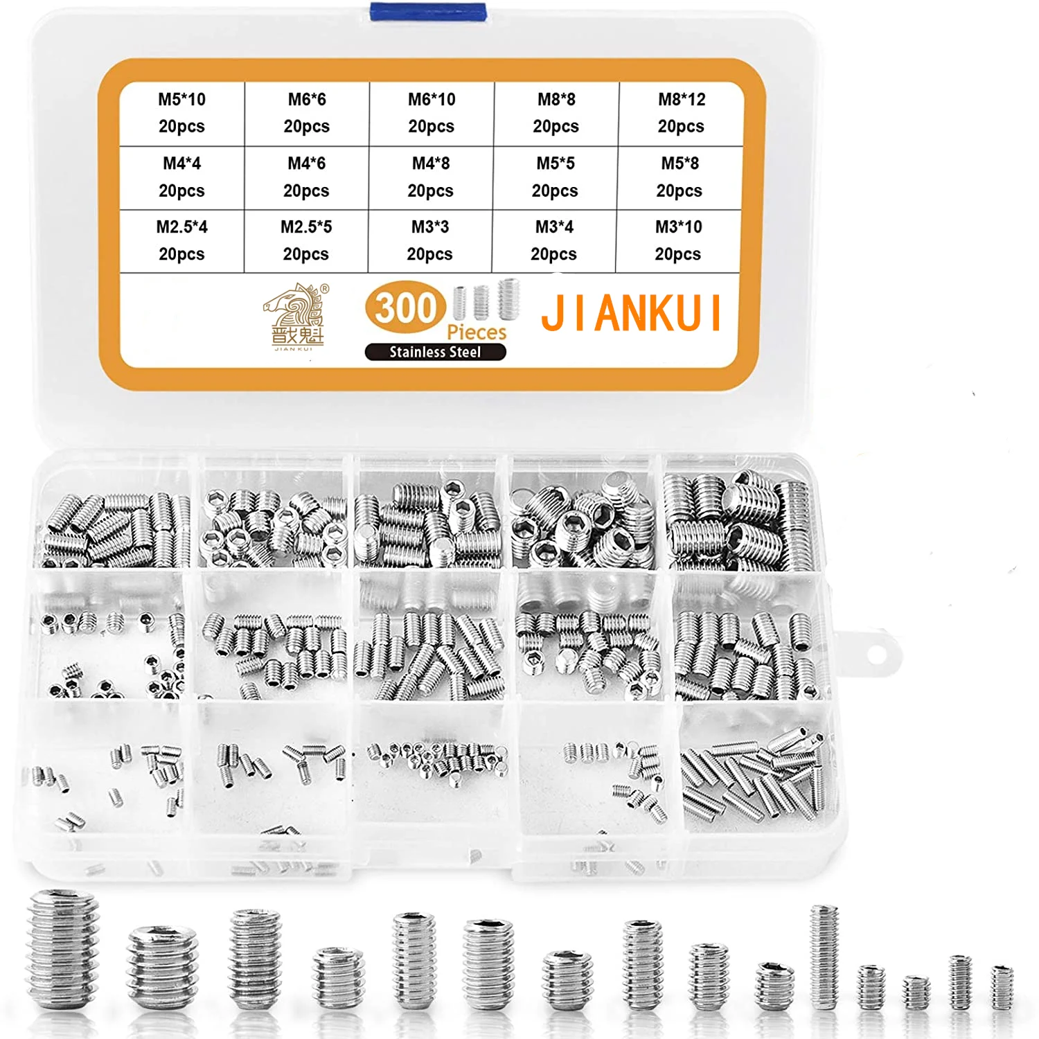 

300P M2.5/M3/M4/M5/M6/M8 Stainless Steel Hex Allen Head Socket Set Screw Bolts Assortment Kit Grub Screw with Internal Hex Drive