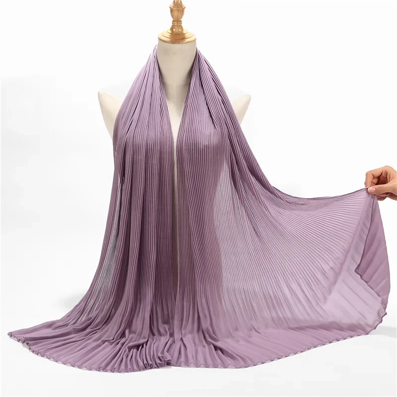 180x85cm Pearl Chiffon Scarf Solid Color Pleated Stripe Headwear Scarves Women Girls Muslim Hijab Head Wrap Plain Travel Shawls 6