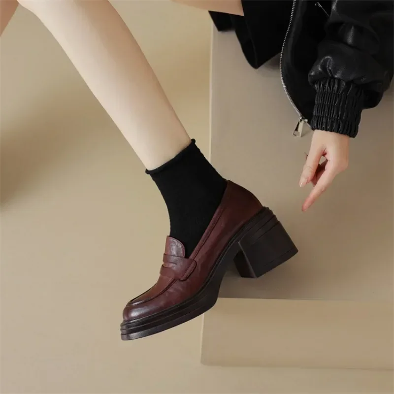 Women Leather Platform Loafers Fashion Slip on Chunky Shoes Retro Style Female Officel Pumps Moccasins Women's Mary Jane Shoes 4