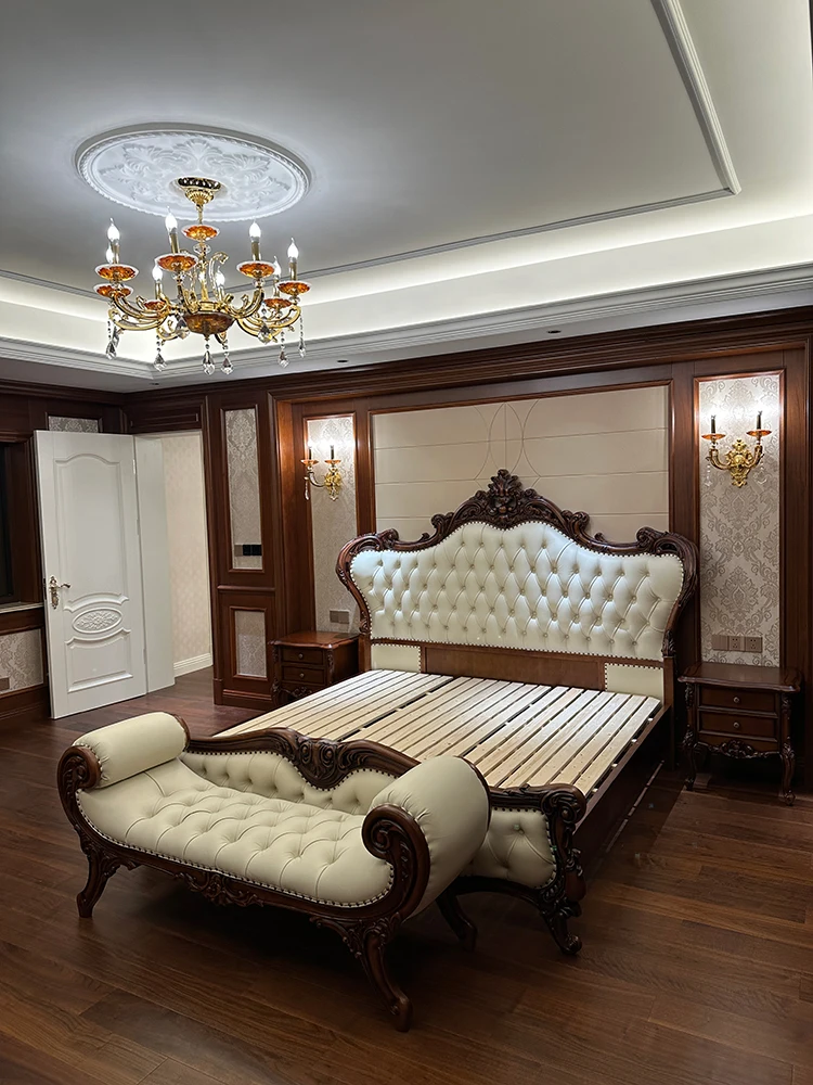 

European leather bed Neoclassical villa luxury carved solid wood 1.8m master bedroom queen bed high-end furniture