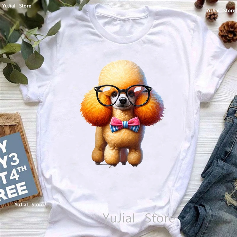 Bunte Pudel Liebe Ball Tier gedruckt T-Shirt Mädchen lustige weiße T-Shirt Frauen Sommer Tops Mode Kurzarm T-Shirt weiblich – Detail 9