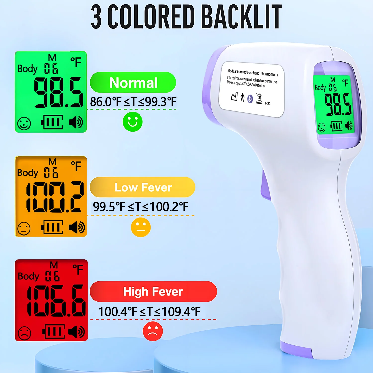 Non Contacted Digital Thermometer for Baby Kid 3 Color Backlight Forehead Thermometer Fever Safety Health Measurement Tool