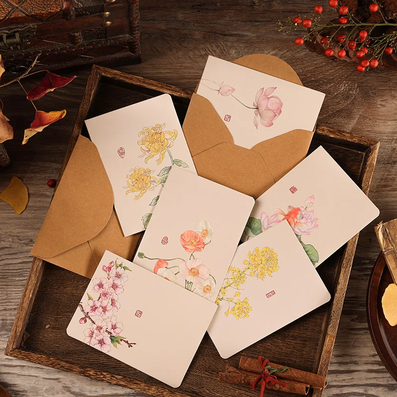 Floral Chinese Vintage Style Greeting Invitation Cards 10pcs/set 8.5x11.5cm Wedding Gift Card with Kraft Envelope