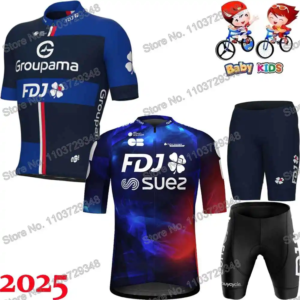 Kids FDJ Team Suez Cycling Jersey Set Summer Boys Cycling Clothing Road Bike Shirt Suit MTB Girls Bicycle Shorts Sportswear