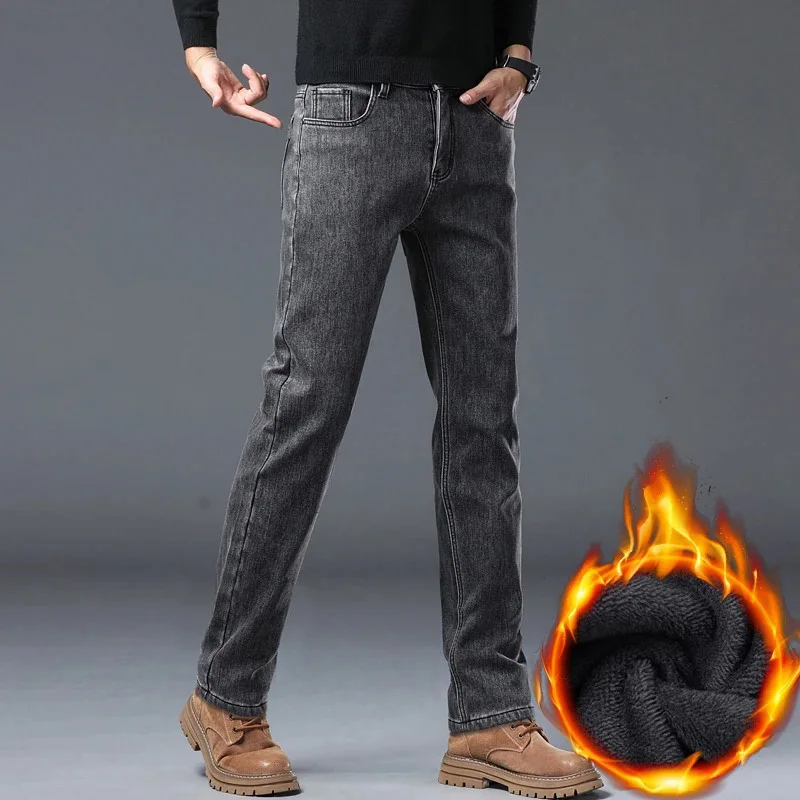 Winter Warm Jeans Men's Slim Straight Elastic Denim Pants Casual Male Clothing Fashion Plush Trousers New Hot Sale Fashion Jeans 5