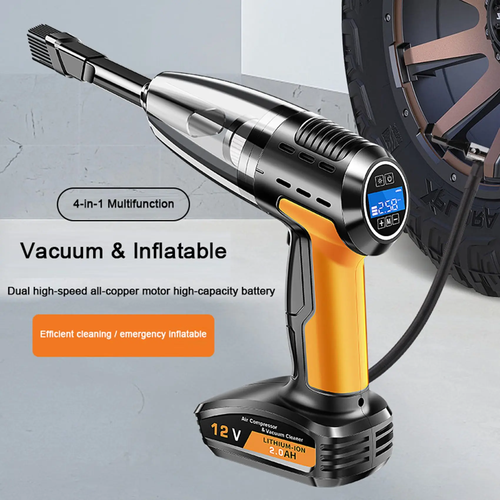 4In1PortableCarVacuumCleanerCordlessTireInflatorPressure