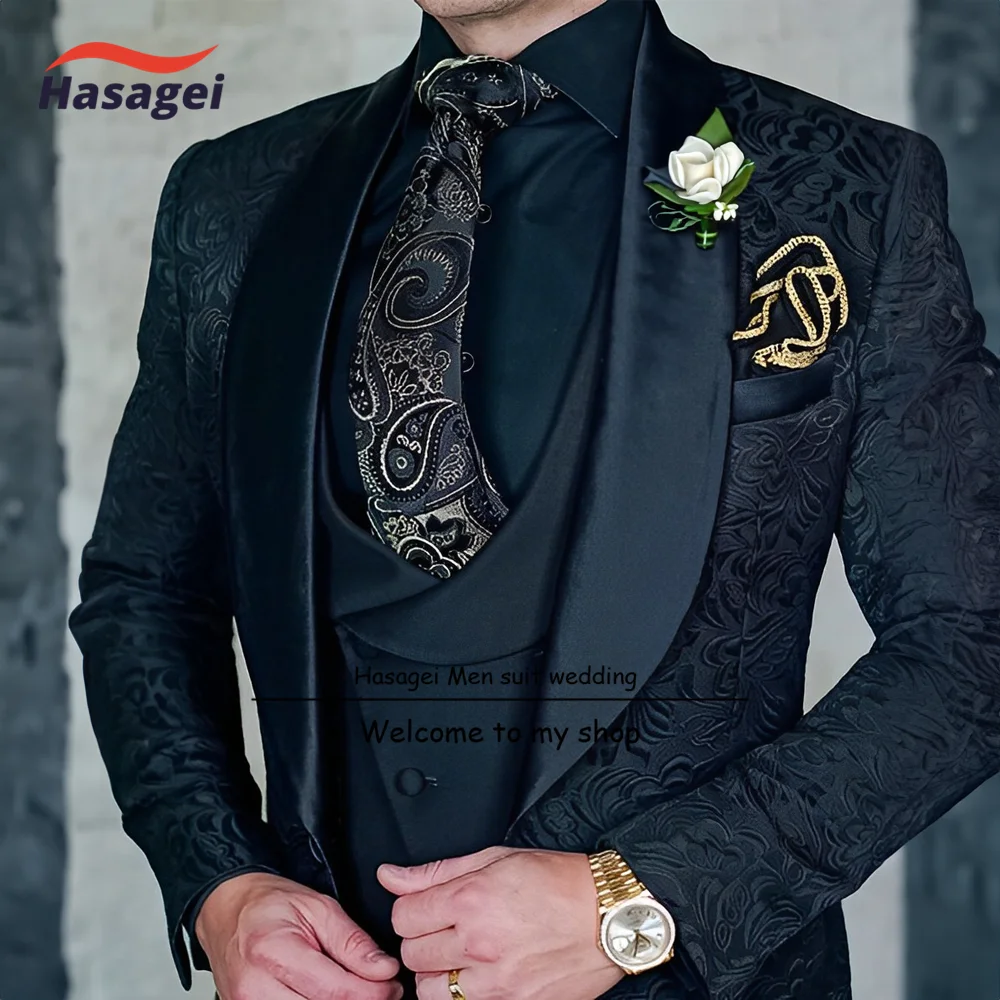 Men's Groom Terno Suit Italian Design Black Smoking Tuxedo Jacket 3-piece Set (Jacket Vest Pants) Men's Wedding Suit