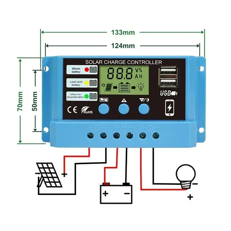 Solar Battery Charge Controller 10A 20A 30A Lithium iron lifepo4 Battery Charger Regulators Stabilizers 12V 24V Auto Dual USB PWM Solar Charge Controller