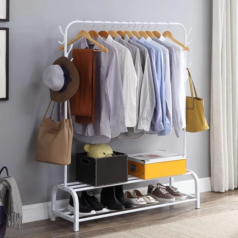 Clothing Garment Rack with Shelves, Metal Cloth Hanger Rack Stand Clothes Drying Rack for Hanging Clothes,with Top Rod Organizer