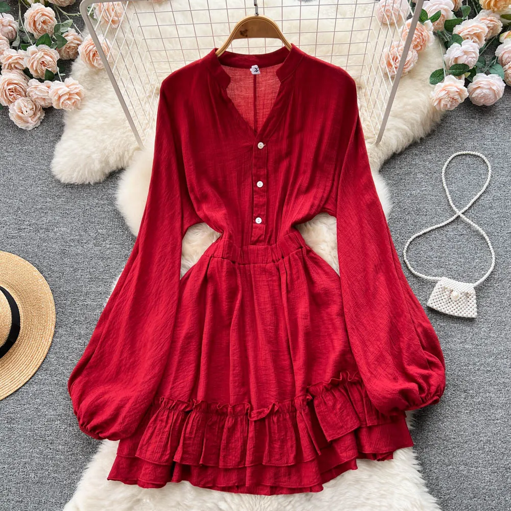 

Осеннее высококачественное красное платье трапециевидной формы с рукавами-фонариками и оборками на талии