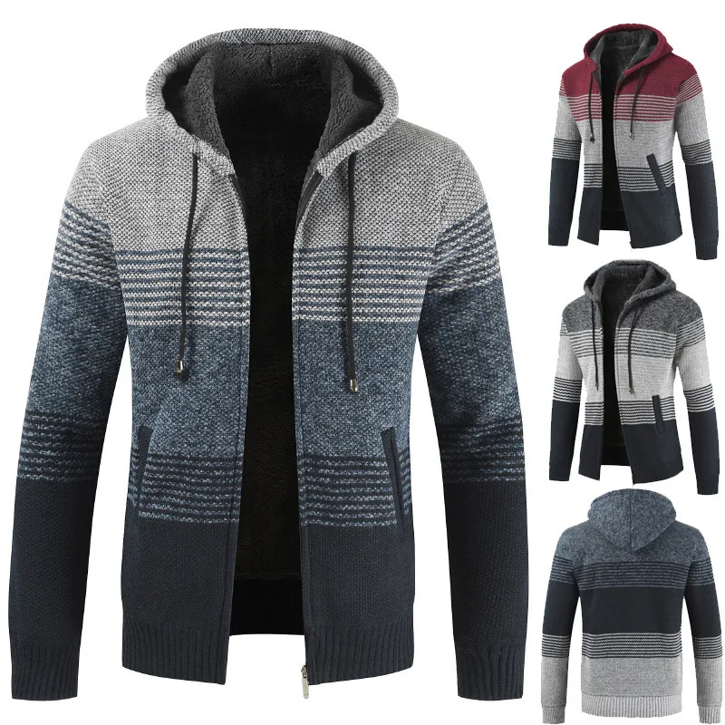 

Autumn and Winter 2023 New Men's Plush Thickened Hooded Color Matching Sweater Cardigan Coat Plush Thickened Sweater